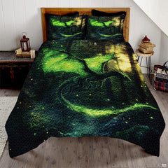 Dark green flying dragon with luminous wings and a glowing curved tail