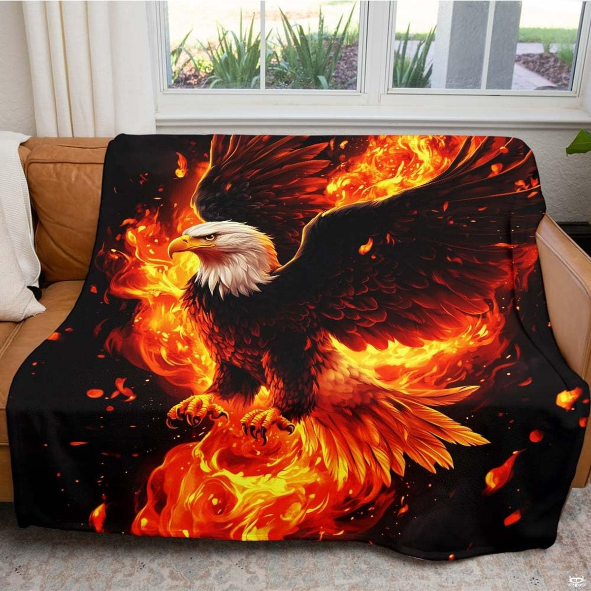 Fiery phoenix bald eagle inferno throw blanket view 5 highlighting fire wings and embers