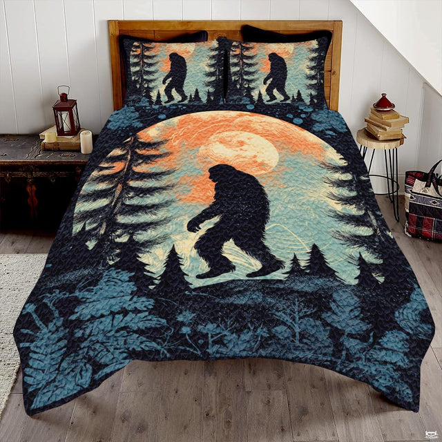 Sunset forest Bigfoot Sasquatch woodland bedding set displayed on a bed in a rustic mountain lodge