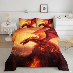 Fiery golden flame dragon galaxy bedding set showing a mythical beast amid cosmic solar flares and amber stardust.