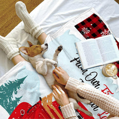 Vintage red truck throw blanket view 7 highlighting retro truck, winter pines, and buffalo check trim