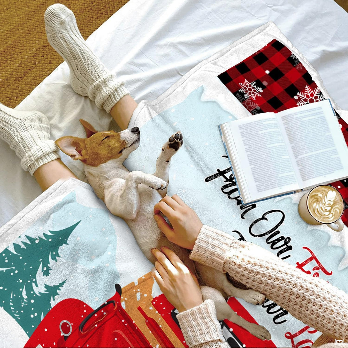 Vintage red truck throw blanket view 7 highlighting retro truck, winter pines, and buffalo check trim