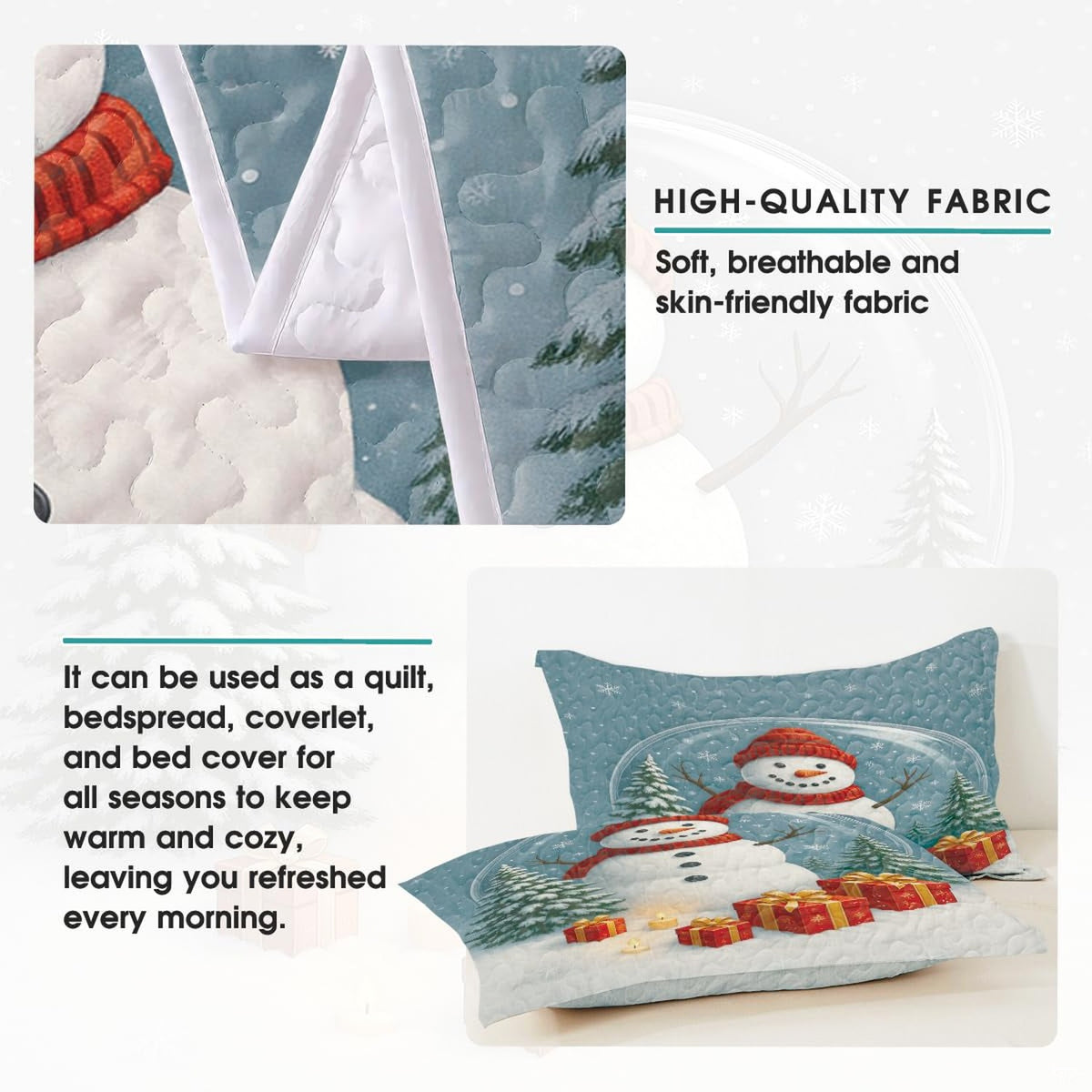 Coordinated pillow sham featuring playful snowman artwork from the spruce teal bedding set
