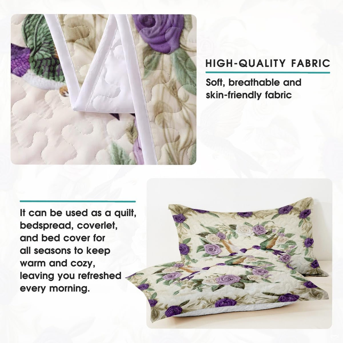 Purple hummingbird bedding detail infographic