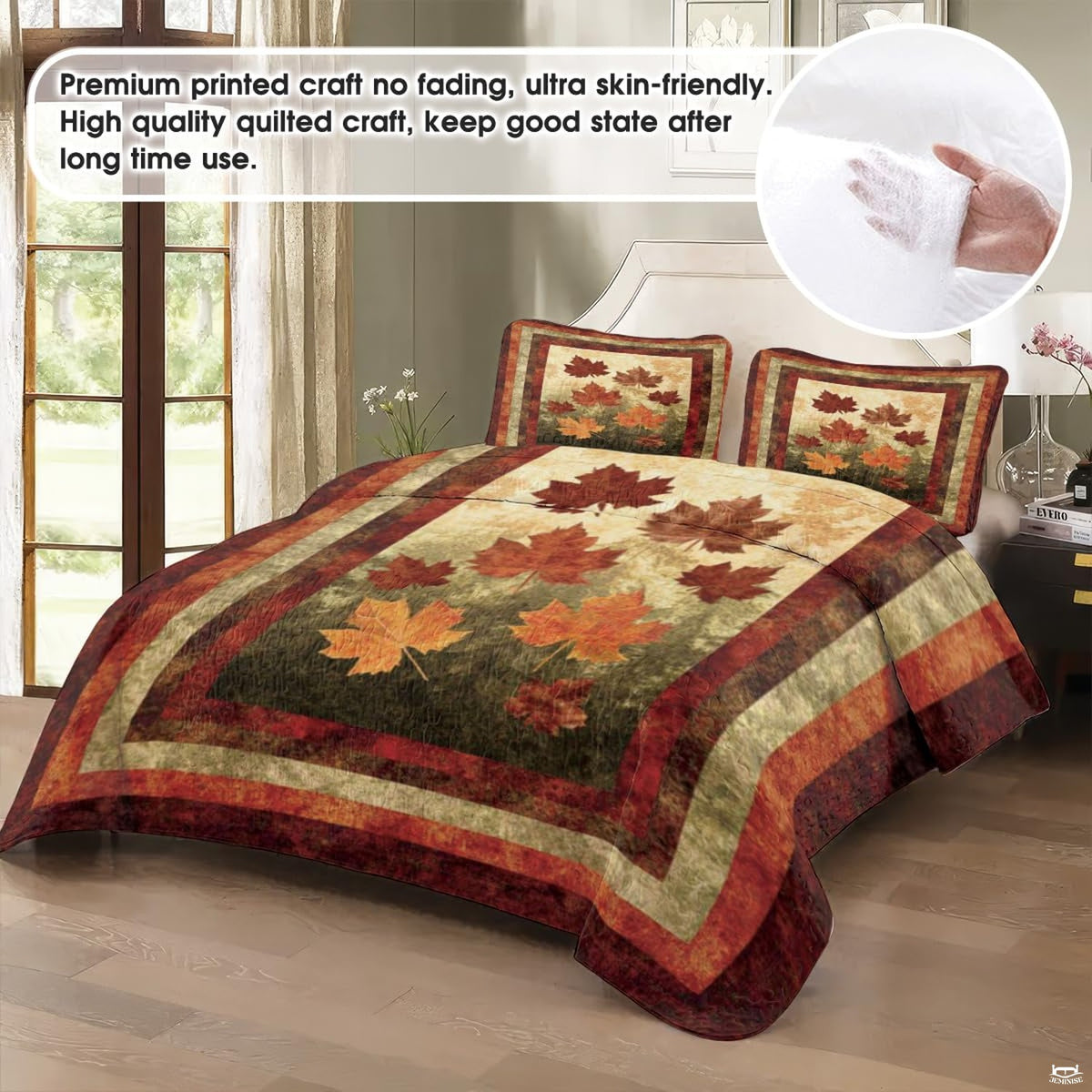 Top-down view of artistic autumn foliage bedding set arranged neatly on a wooden bedroom frame