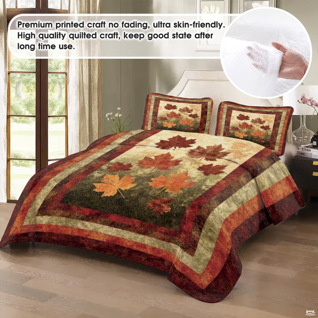 Top-down view of artistic autumn foliage bedding set arranged neatly on a wooden bedroom frame