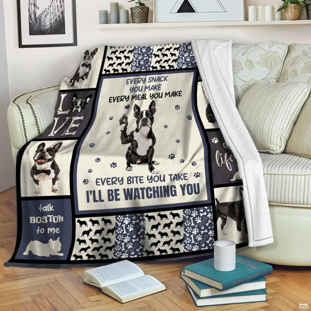 Navy Boston Terrier dog throw blanket view 2 highlighting puppy portraits, paw prints, and silhouette panels