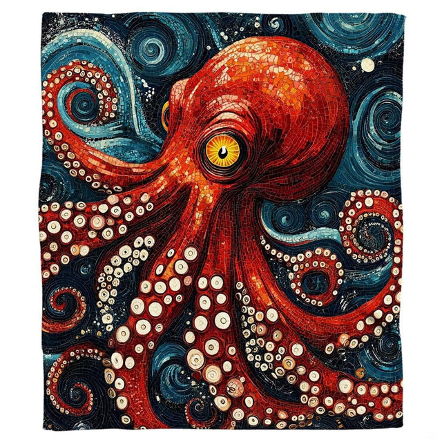 Nautical bed covers featuring mosaic red octopus art against deep navy blue swirls.