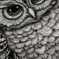 Close-up view of owl bedding highlighting detailed plumage textures, sharp beak, and inquisitive eyes