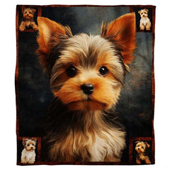 Close-up of the painted Yorkshire Terrier face displaying pointed ears, expressive eyes, and golden fur on a blanket