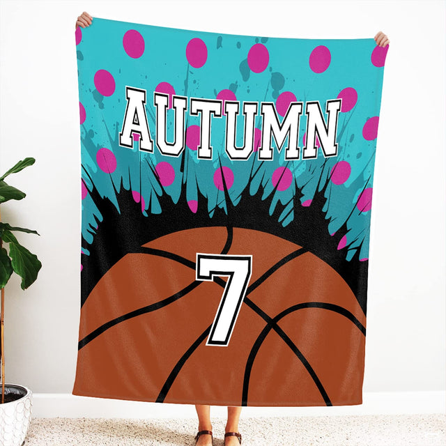 Personalized Basketball Splattered Background Blanket with Name and Number