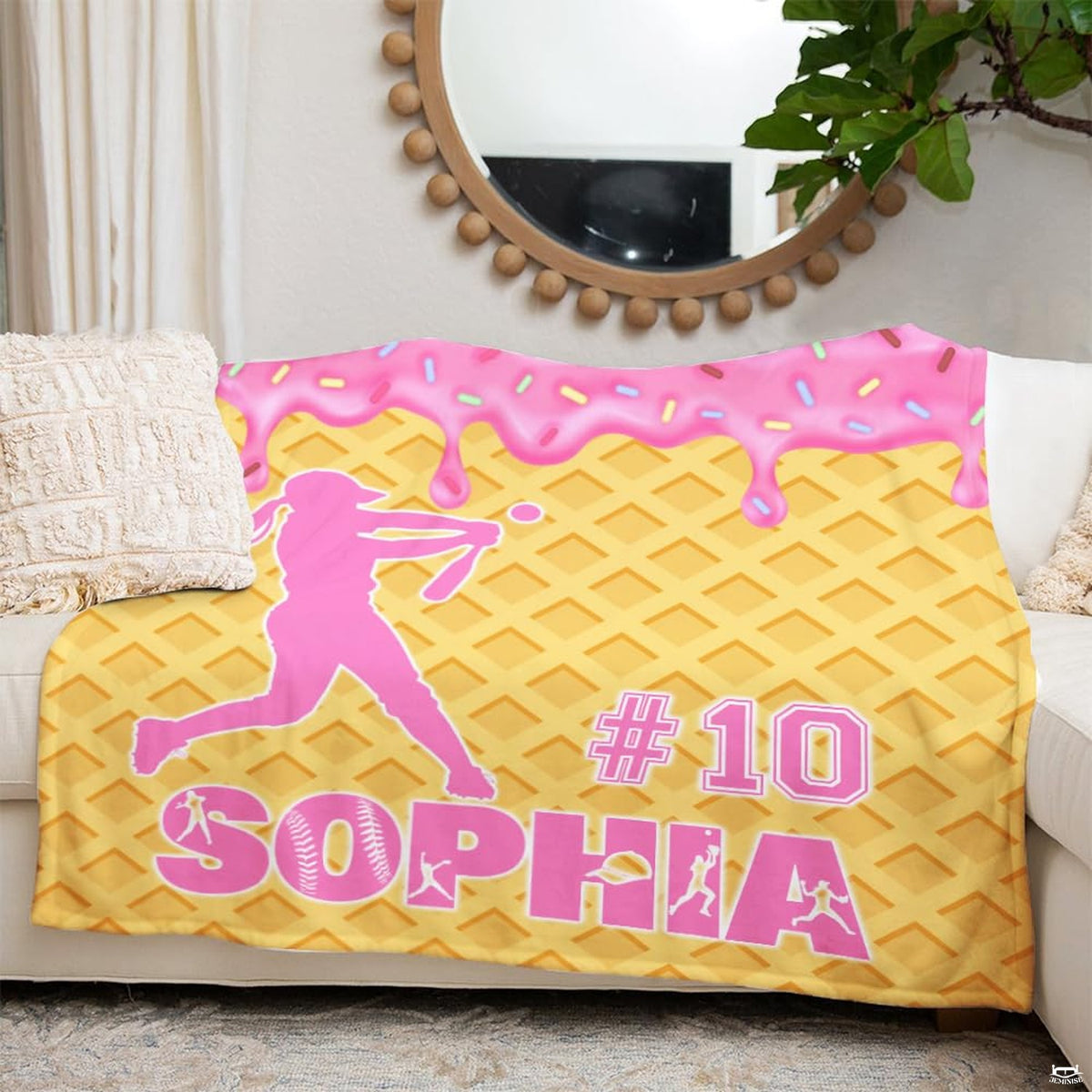 Crisp close view of batter mid-swing artwork paired with waffle cone textures and vibrant confection accents.