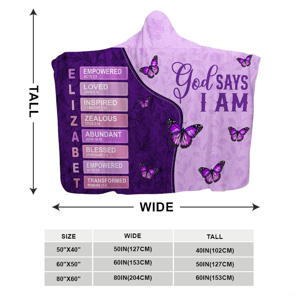 Folded corner view of butterfly scripture hooded blanket showing violet tones