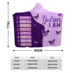 Folded corner view of butterfly scripture hooded blanket showing violet tones