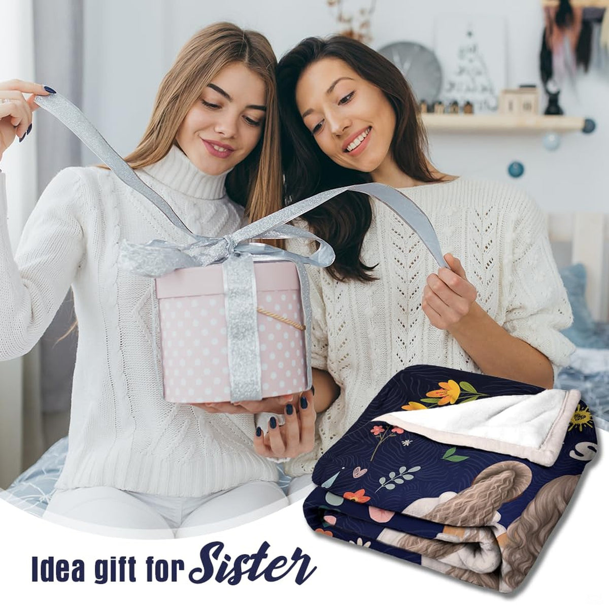 Unboxing scene showing folded piece alongside present box and ribbon in a bright bedroom.