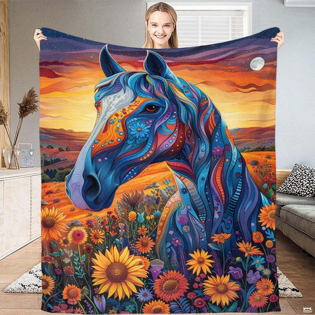 Psychedelic blue horse sunflower throw blanket showing vibrant patterned horse in meadow