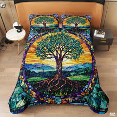 Nature Tree of Life Quilt Set with Stained Glass Pattern And Bedroom