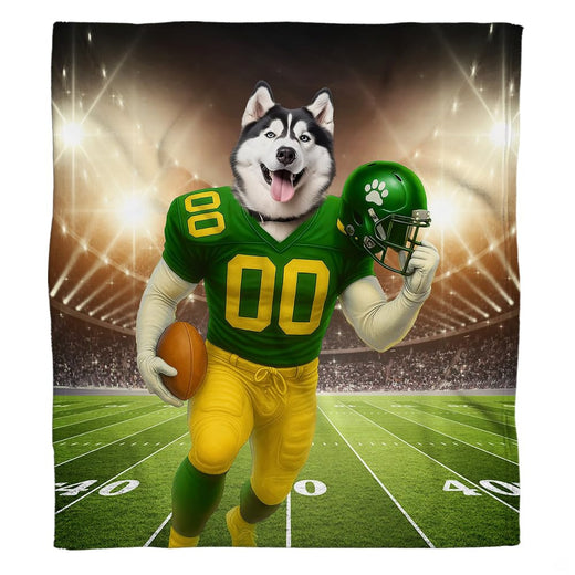 Siberian Husky football player running on green stadium field under arena lights, view 1.