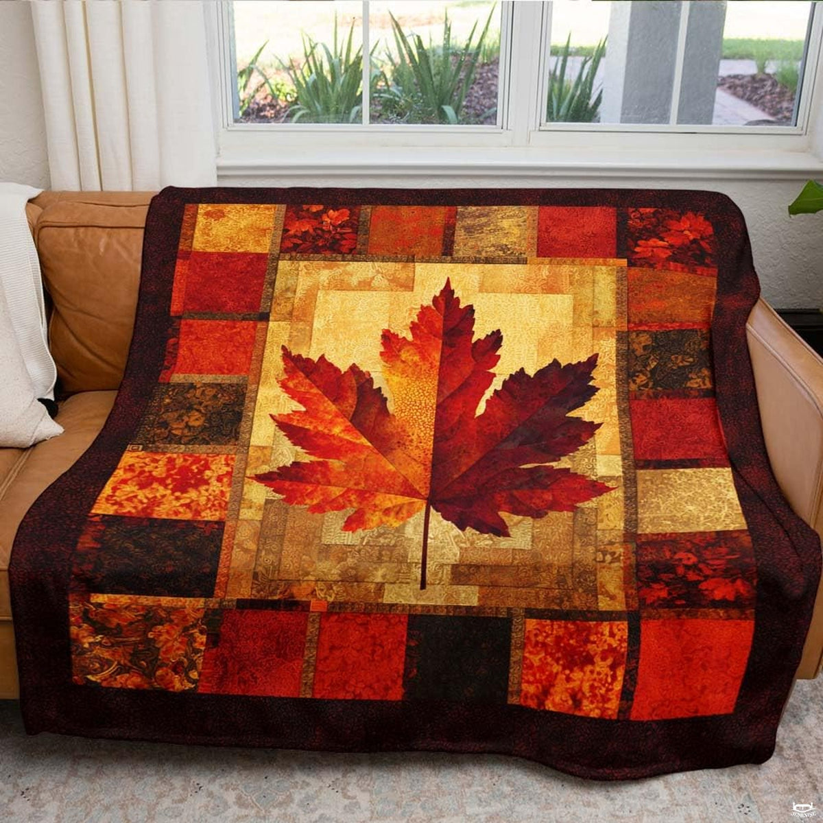 Outer dark burgundy frame border accentuating the rustic autumn foliage composition on throw