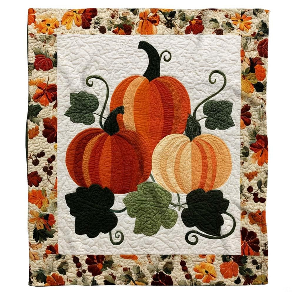 Autumn heirloom pumpkin trio throw blanket featuring ribbed orange gourds and foliage garland border on ivory