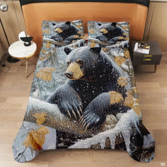 Cabin bedroom retreat decor highlighted by black bear bedding sets and winter woodland scenery.