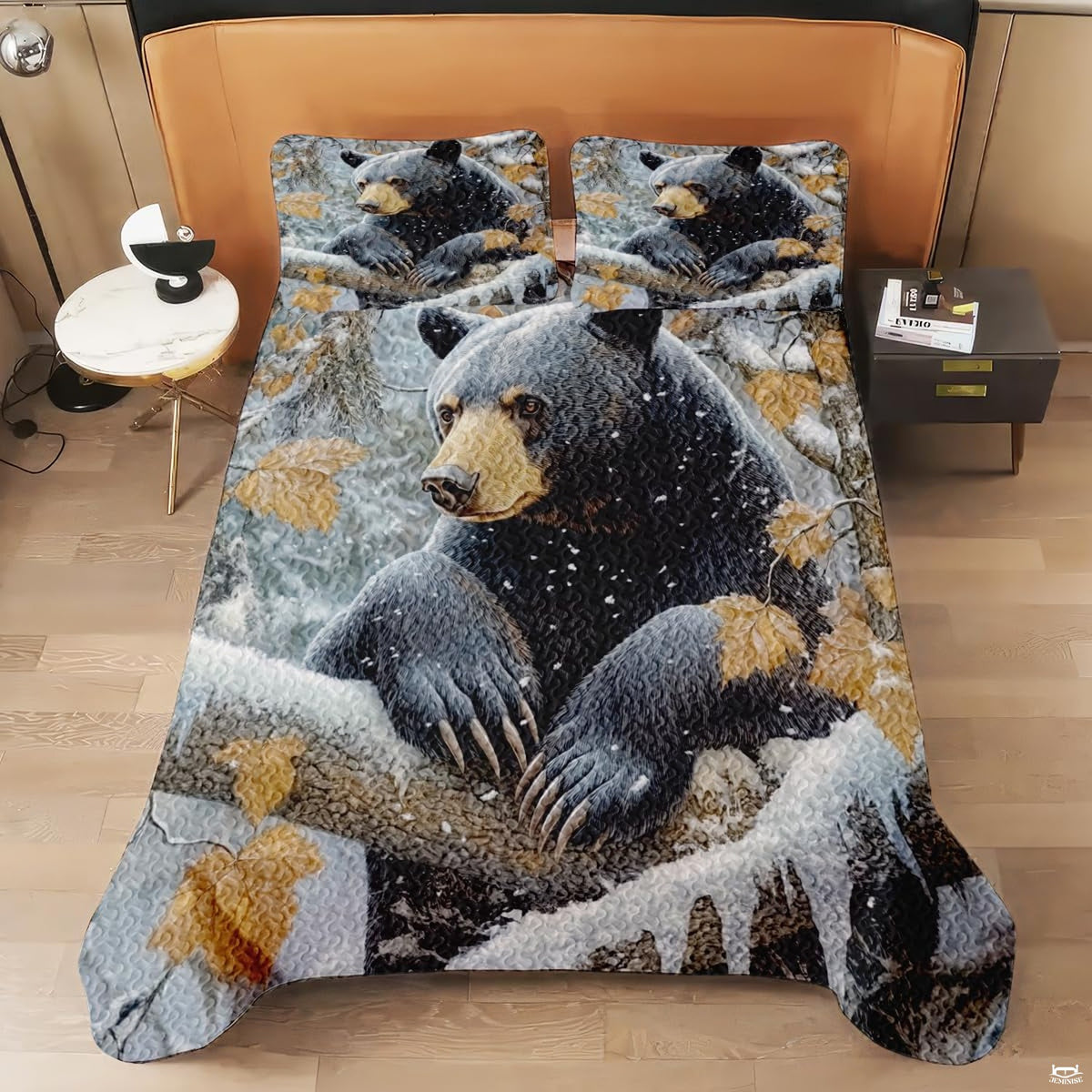 Cabin bedroom retreat decor highlighted by black bear bedding sets and winter woodland scenery.