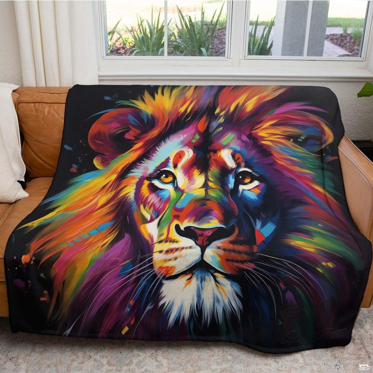 Bedroom interior displaying rainbow painted lion bedding set styled with sleek modern lighting and neutral walls.