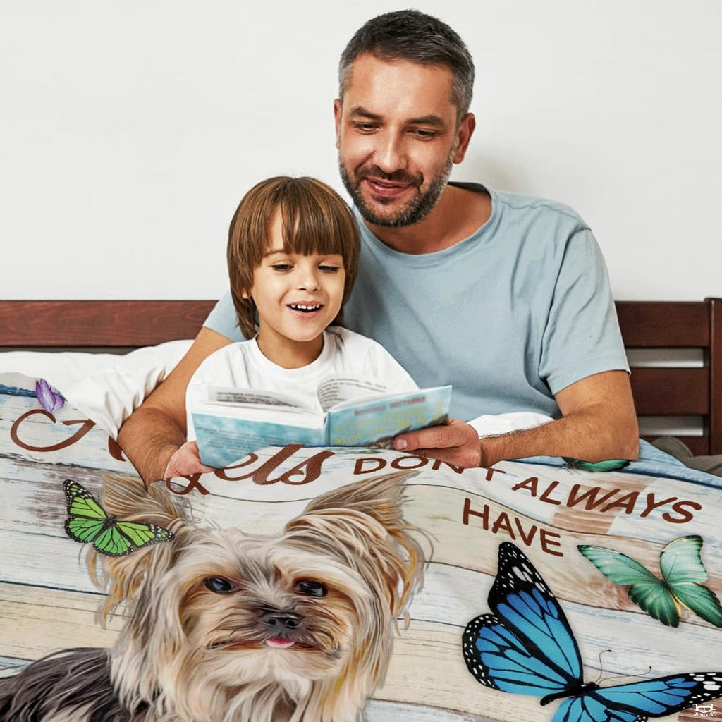 Close-up detail of silky puppy fur brushstrokes, blue morpho butterfly markings, and wood grain.