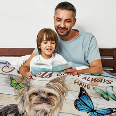 Close-up detail of silky puppy fur brushstrokes, blue morpho butterfly markings, and wood grain.