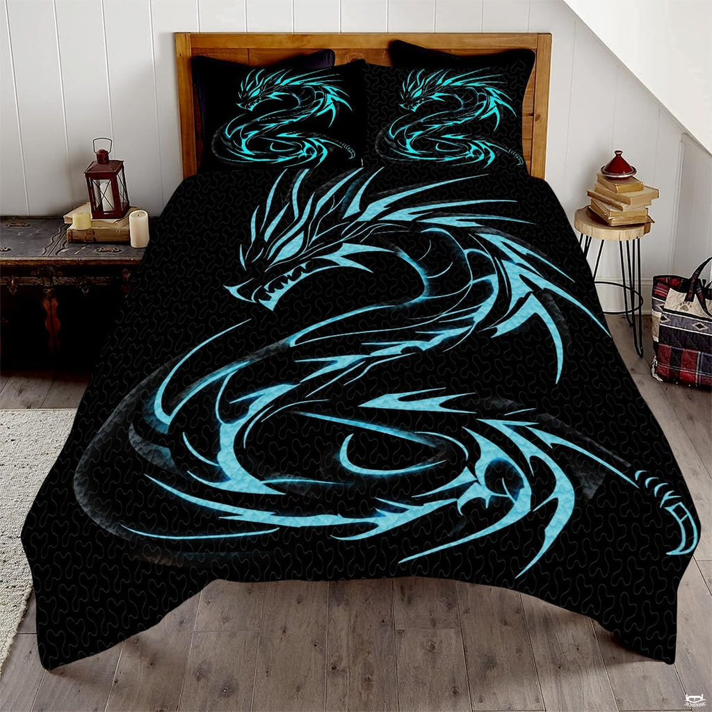 Blue dragon comforter mockup with a cyan coiled dragon graphic on black