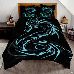 Blue dragon comforter mockup with a cyan coiled dragon graphic on black