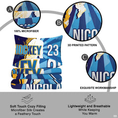 Corner fold view of hockey bedding highlighting sharp cyan and yellow graphic printing