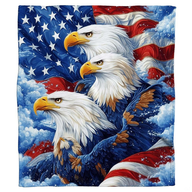 Close up illustration of majestic bald eagles with golden yellow accents over stars and stripes.