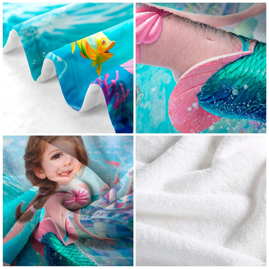 Detailed four panel collage showing fabric textures and mermaid artwork closeups