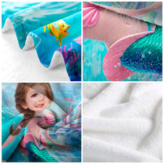 Detailed four panel collage showing fabric textures and mermaid artwork closeups