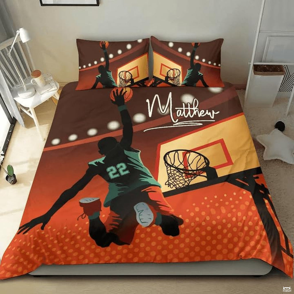 Retro basketball player sports bedding featuring illustrated dunking athlete and stadium lights on a bed