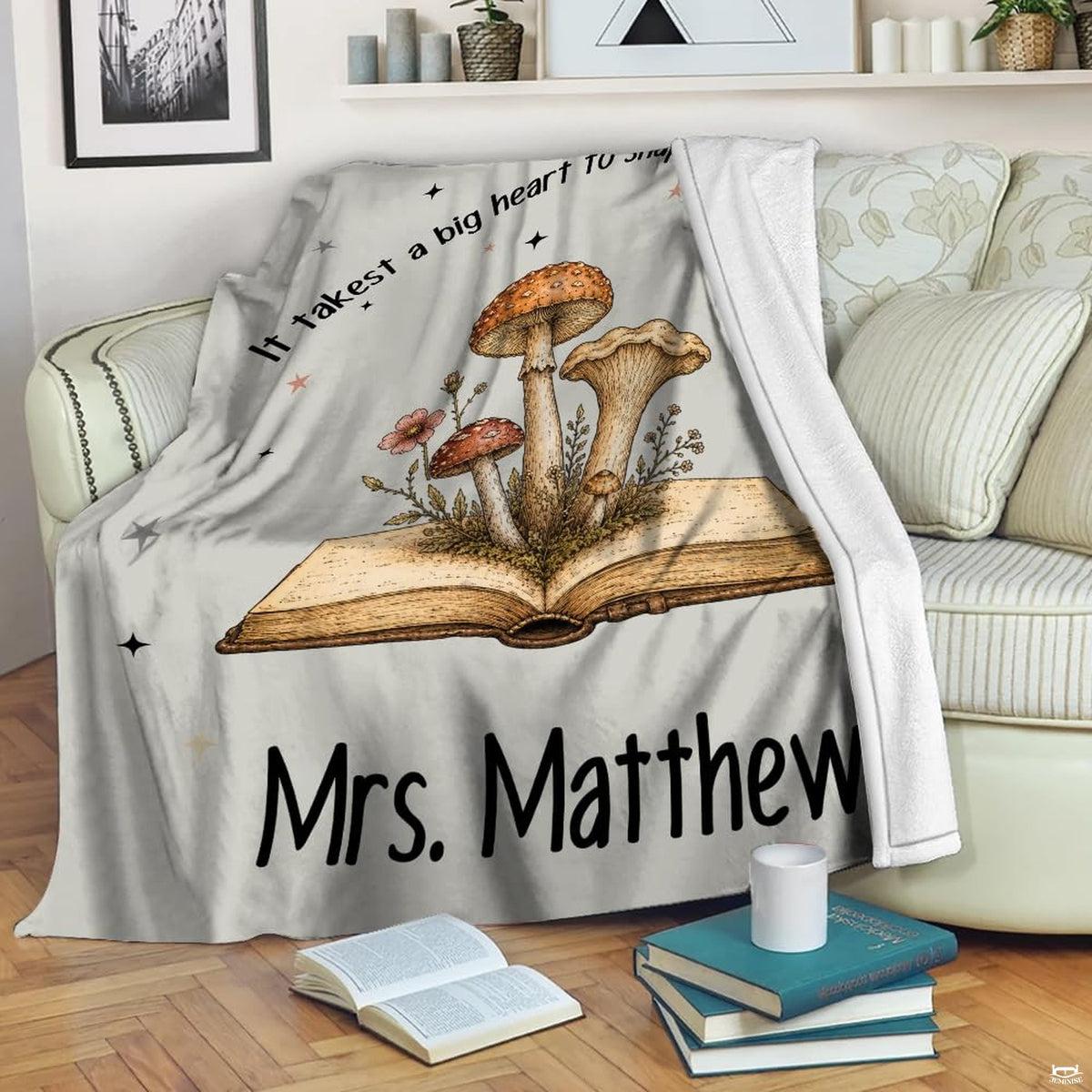 Cottagecore bedroom display featuring vintage botanical bedding with whimsical toadstool illustrations.