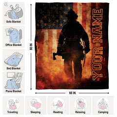 Full layout of patriotic firefighter silhouette artwork with atmospheric embers on Blanket.