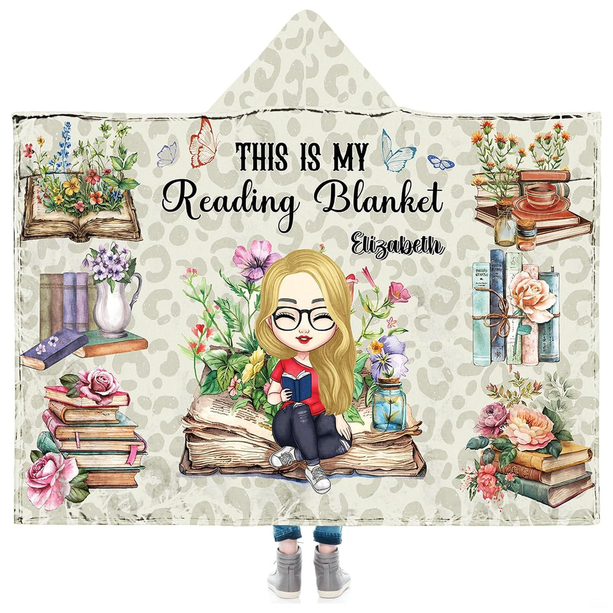 Frontal view of chibi reader girl surrounded by wildflowers and book stacks on blanket.