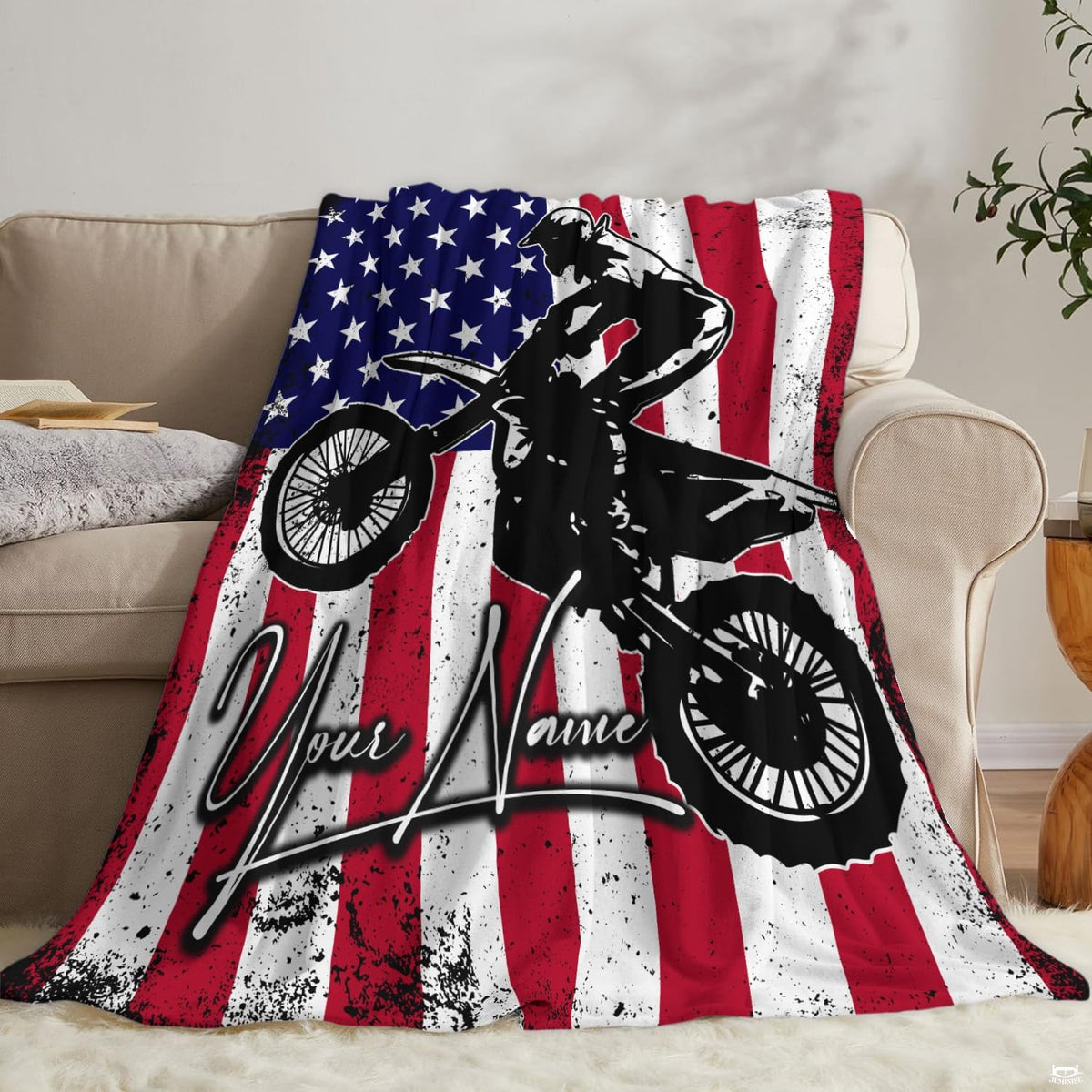 Dirt bike rider silhouette jumping over distressed American flag stars and stripes, view 6.