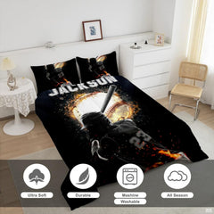 Close-up perspective of baseball bedding highlighting batter silhouette art and cosmic nebula stardust patterns