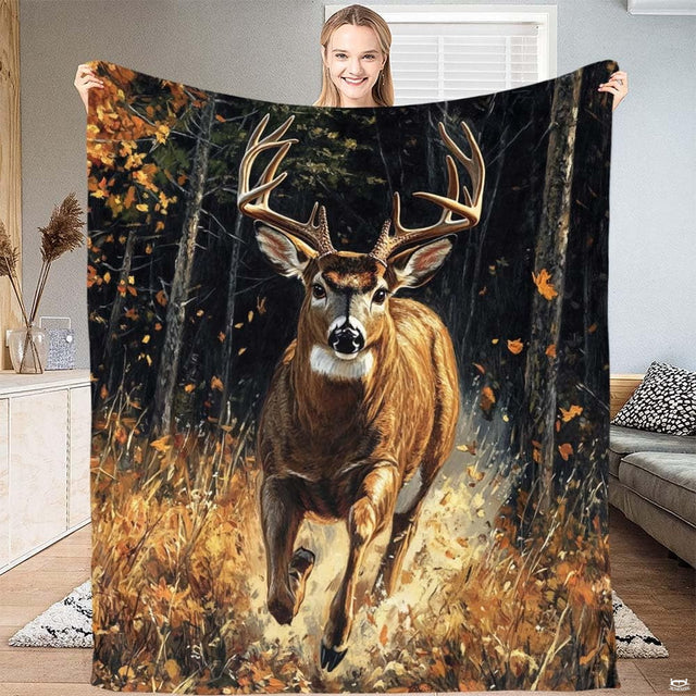 Buck deer bed print displaying an antlered stag bounding across an autumn woodland scene.