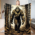 Forward-facing woodcut Sasquatch walking along a forest path framed by pine trees, view 1.