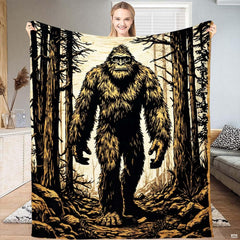 Forward-facing woodcut Sasquatch walking along a forest path framed by pine trees, view 1.