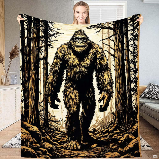 Forward-facing woodcut Sasquatch walking along a forest path framed by pine trees, view 1.