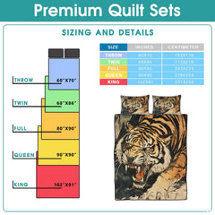 Roaring tiger illustration beside a sizing information graphic