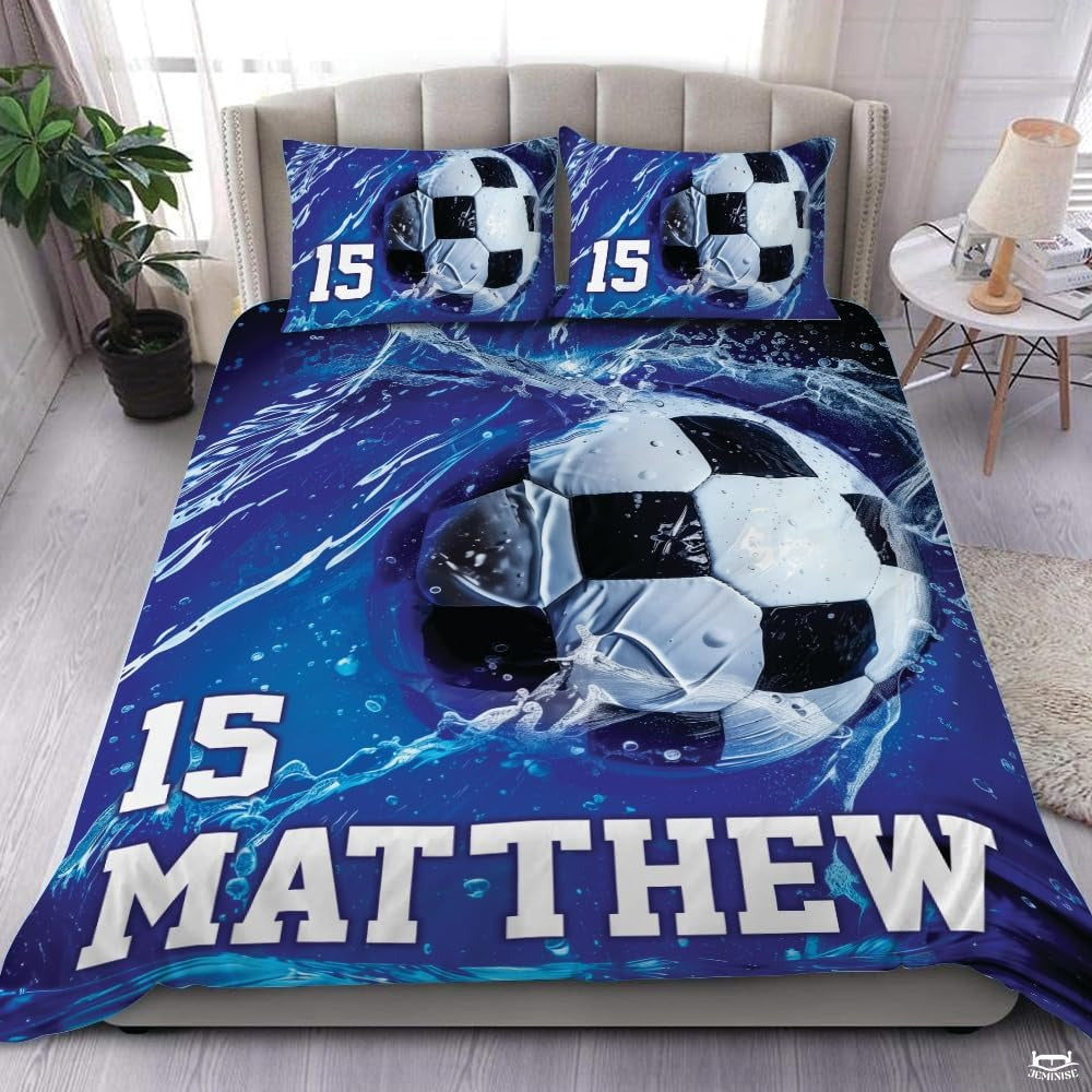 Custom Soccer Ball Water Splashes Comforter Set, Machine Washable