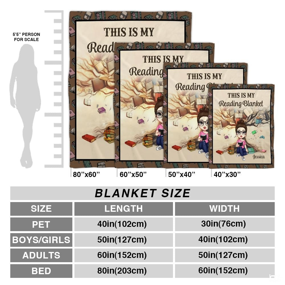 Personalized Cartoon Girl Reading in Front of Book Tree Throw Blanket