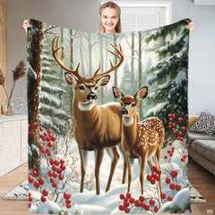 Close-up of winter stag bedding artwork displaying realistic painterly details of a stag beside snowy pine boughs.