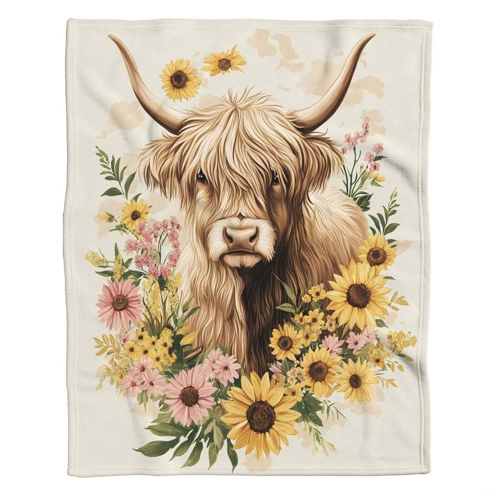 Highland bedding set showcasing rustic Scottish cattle motif with blush pink daisies on cream background